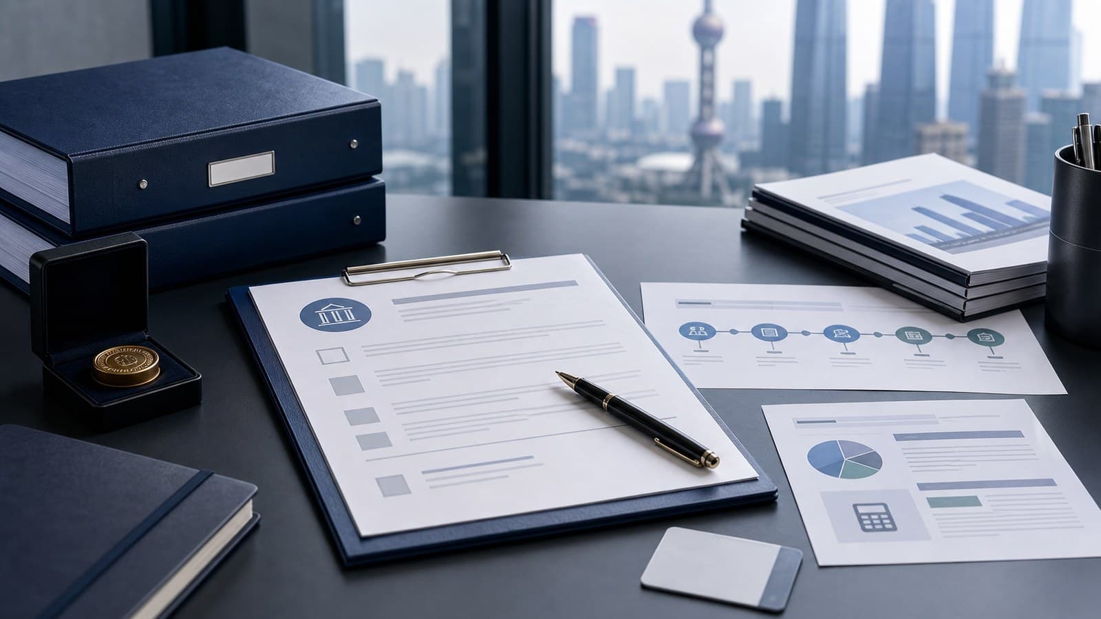 Business advisory desk with WFOE registration documents and checklist for China company setup
