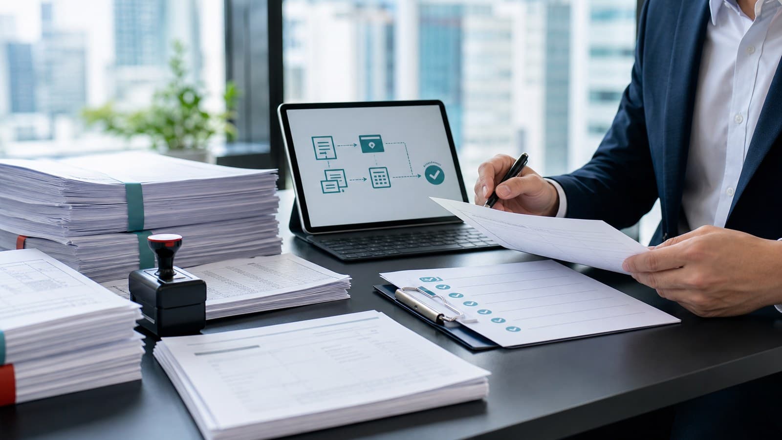 Fapiao review desk with invoice control documents approval workflow and accounting checklist