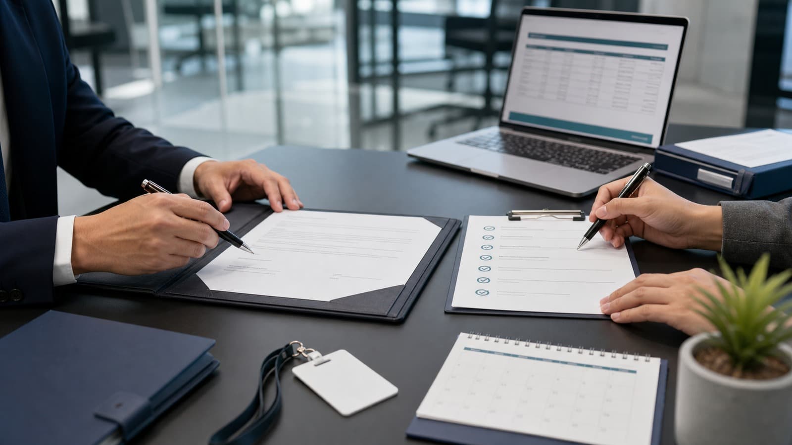 China hiring and onboarding meeting with employment contract, payroll calendar and employee access card