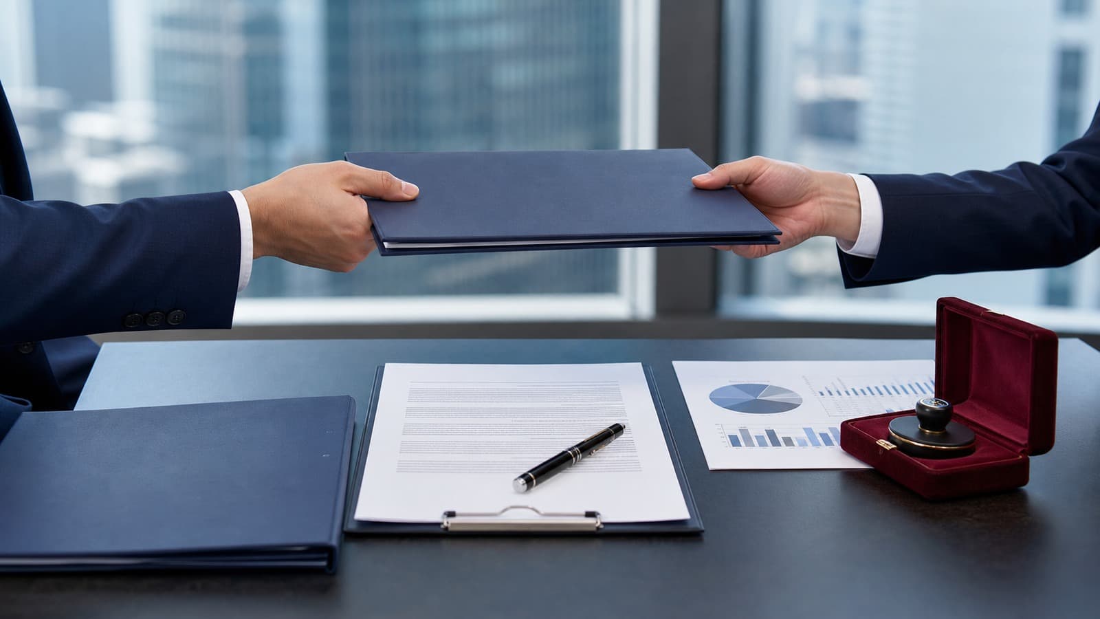 China company share-transfer review with corporate folders, transfer documents, valuation materials and company seal