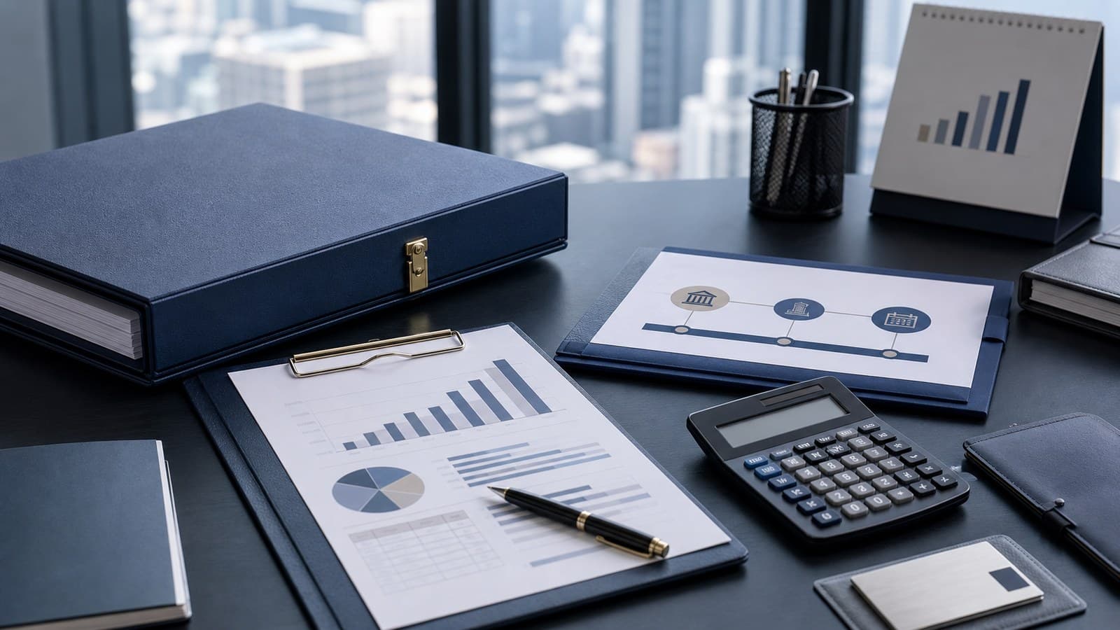Registered capital planning documents with calculator and financial charts for a China company
