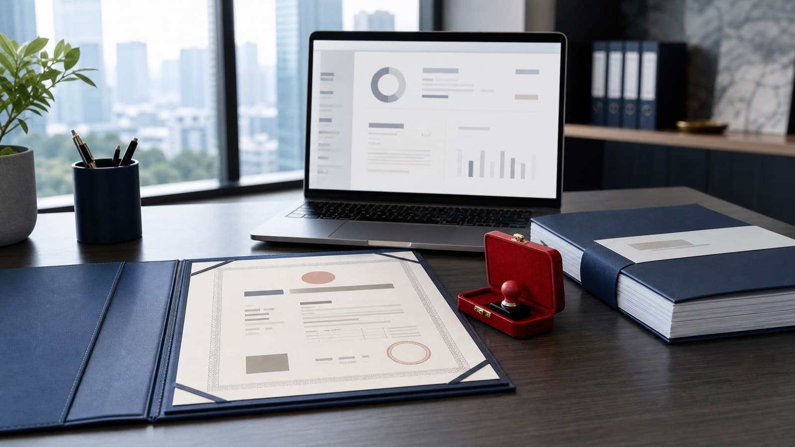 China business-license review with corporate registration file, online verification and company seal