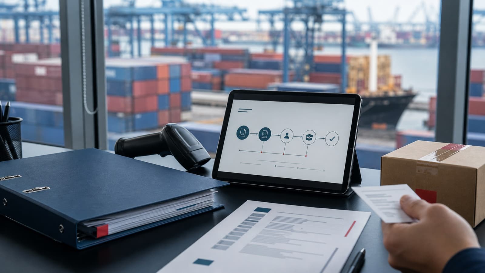 China customs-registration workflow with declaration tablet, product file, scanner and sample shipment