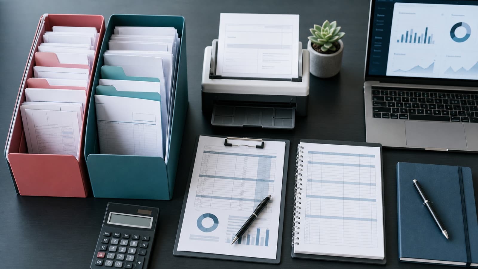China VAT filing pack with invoice records, reconciliation sheets, calculator and tax reporting dashboard