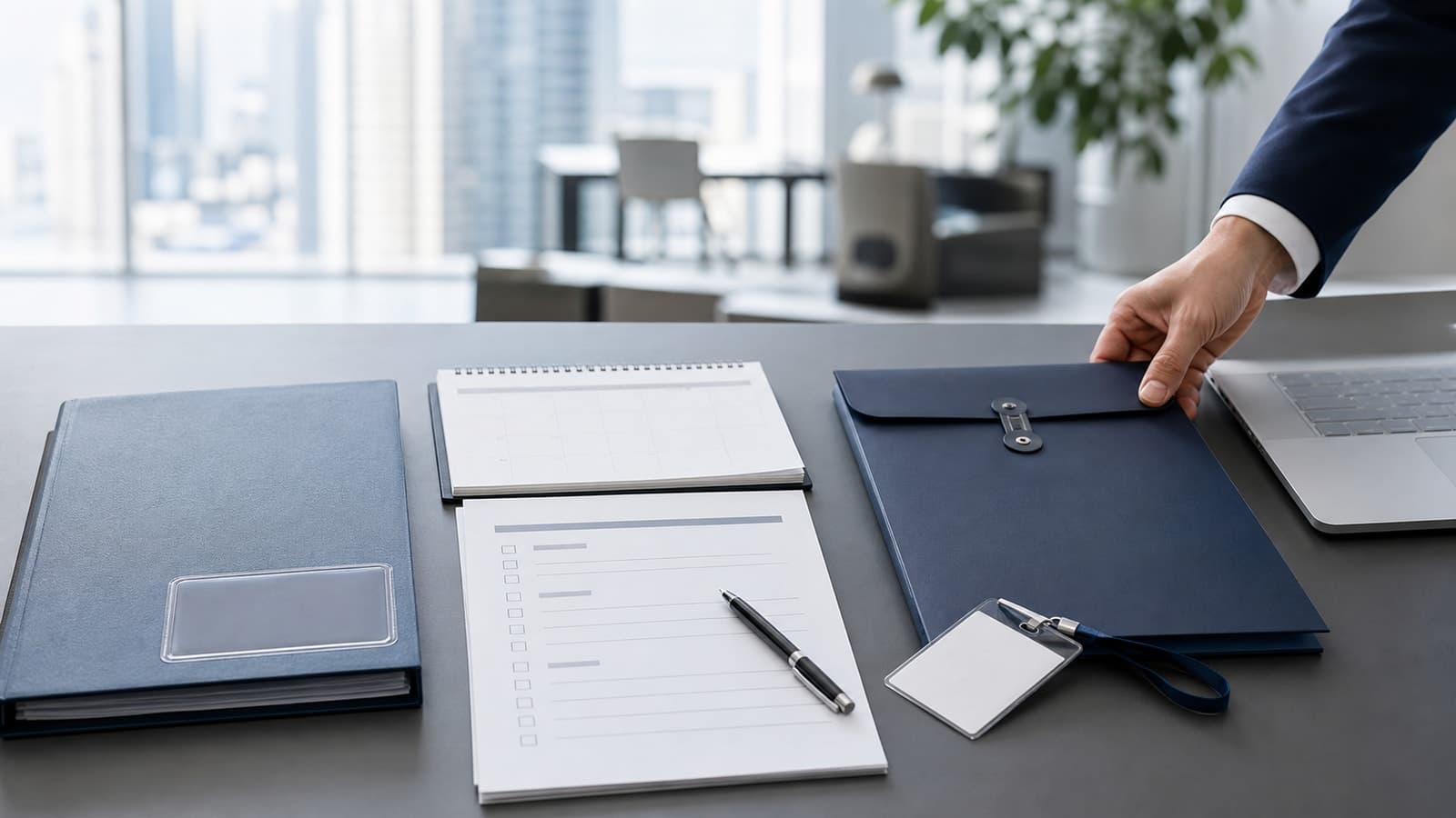 Pre-incorporation China hiring review with onboarding checklist, empty ID badge and company-setup files