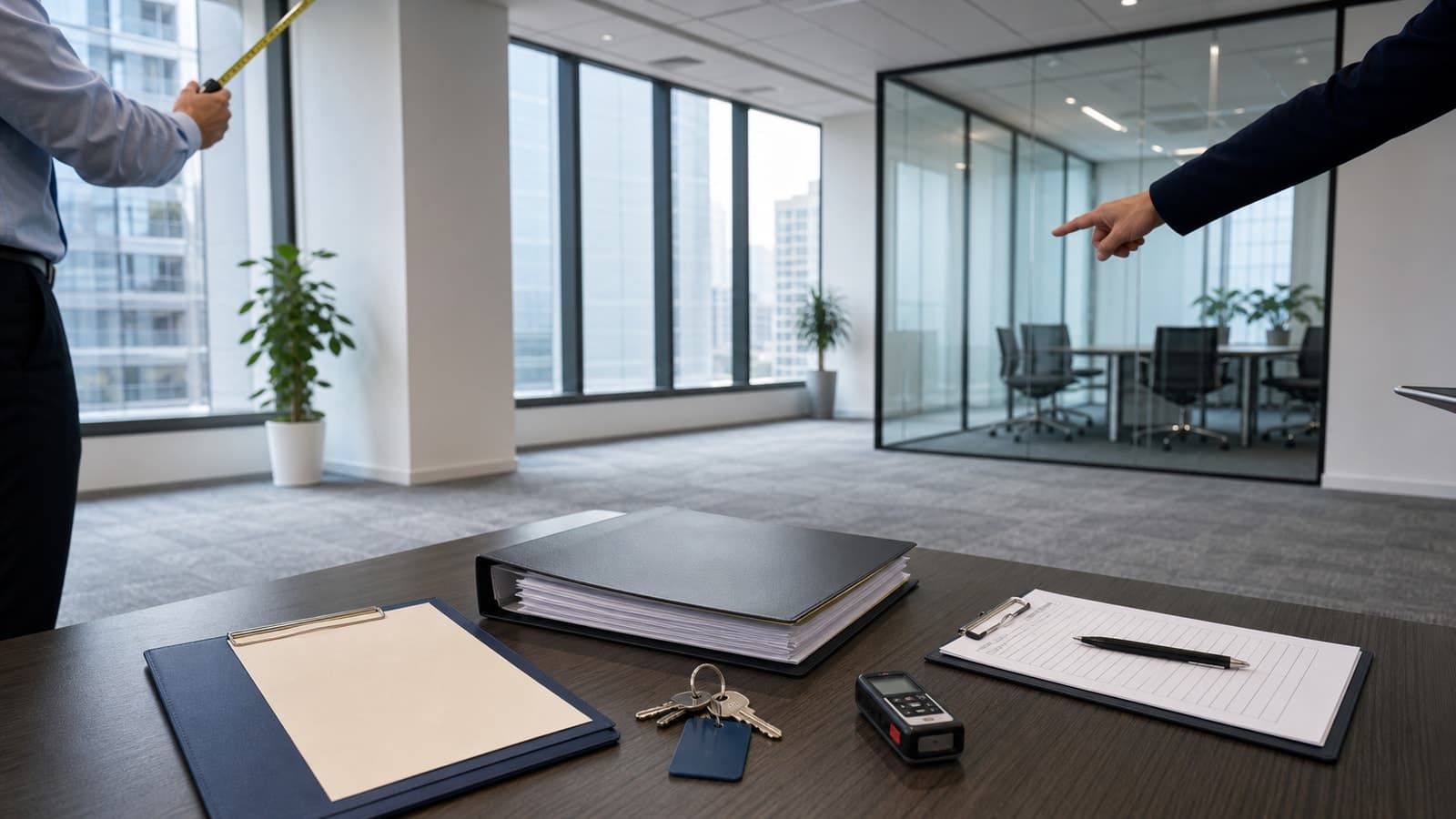 China office-lease inspection with keys, lease files, compliance checklist and commercial premises