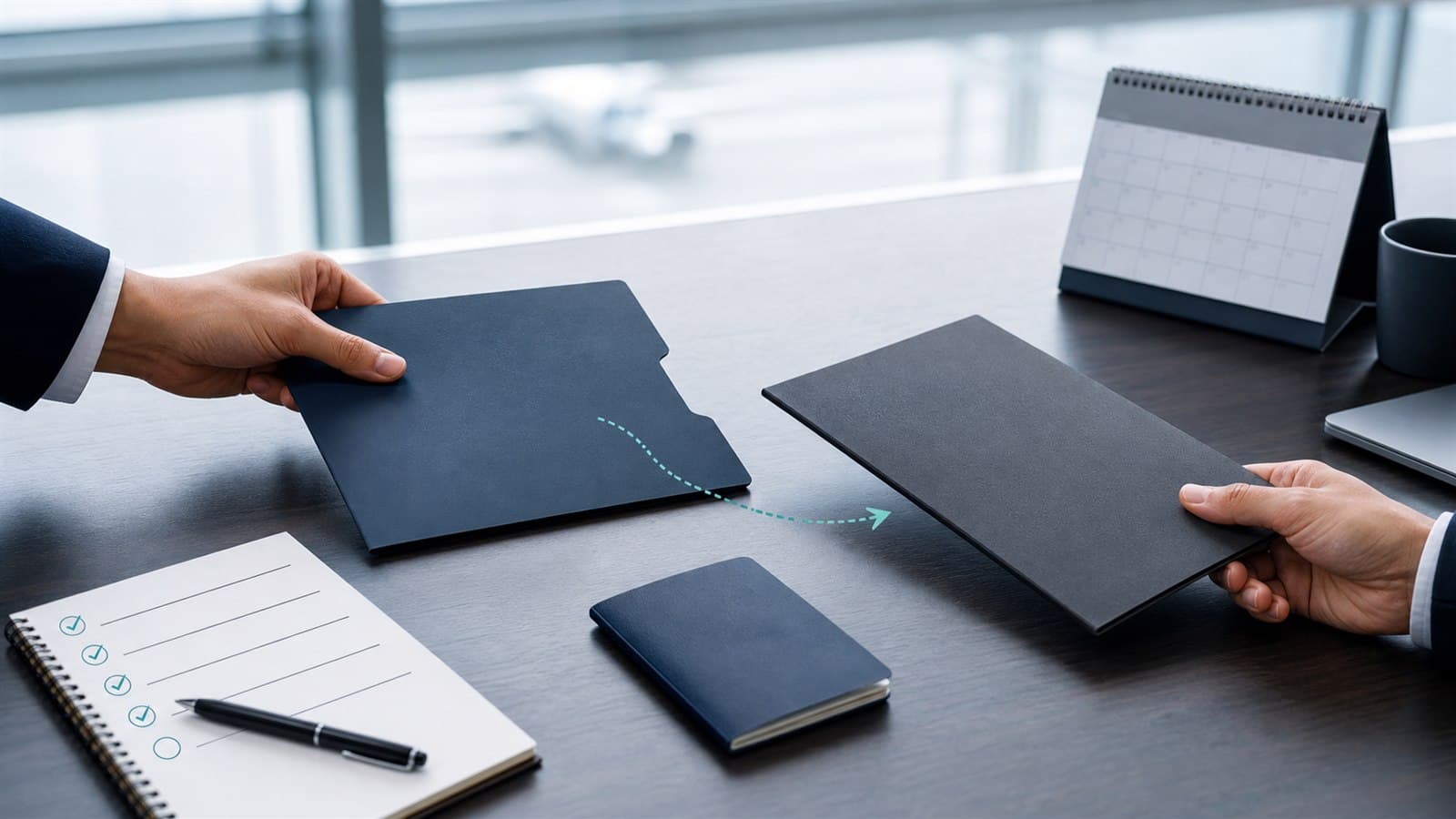 Employer handoff between China work-permit and residence-permit document folders with an onboarding checklist and calendar