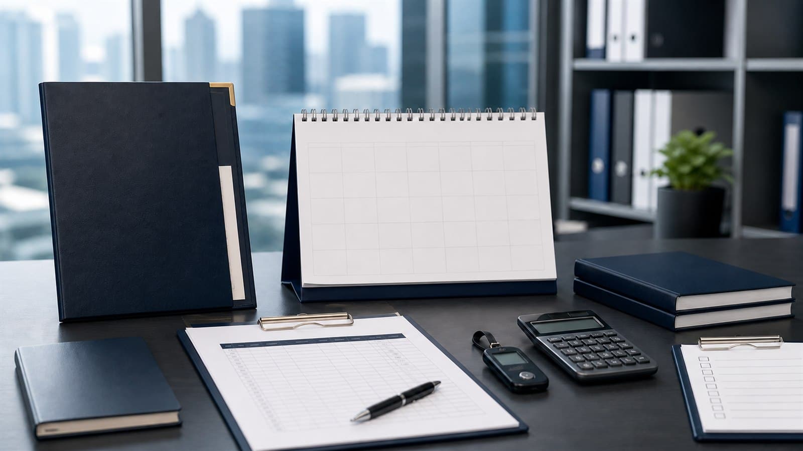 China payroll setup desk with a 30-day calendar, payroll register, calculator, secure payment device and implementation checklist