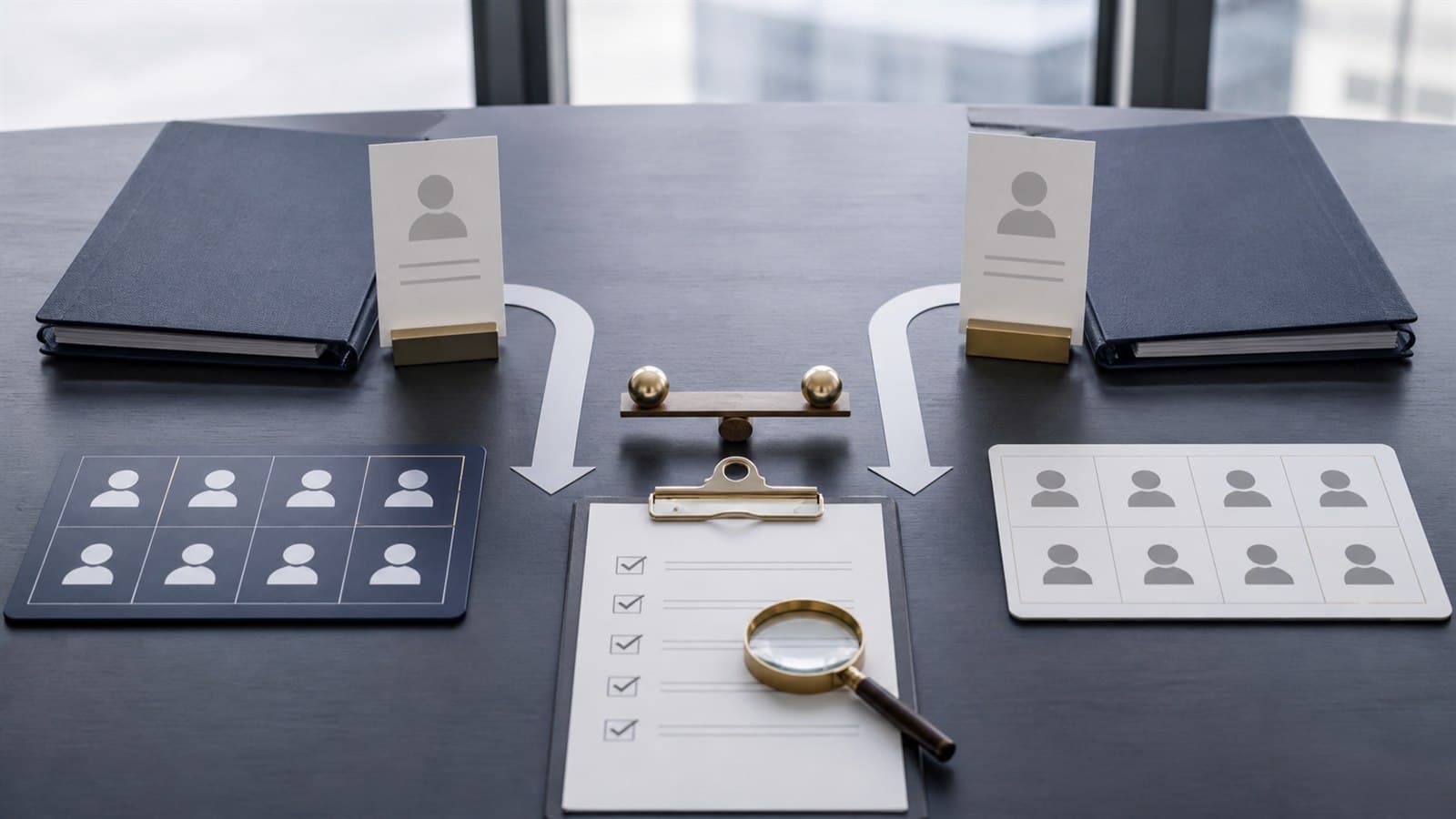Direct-employment and labor-dispatch workforce files compared through a balanced compliance review and headcount checklist
