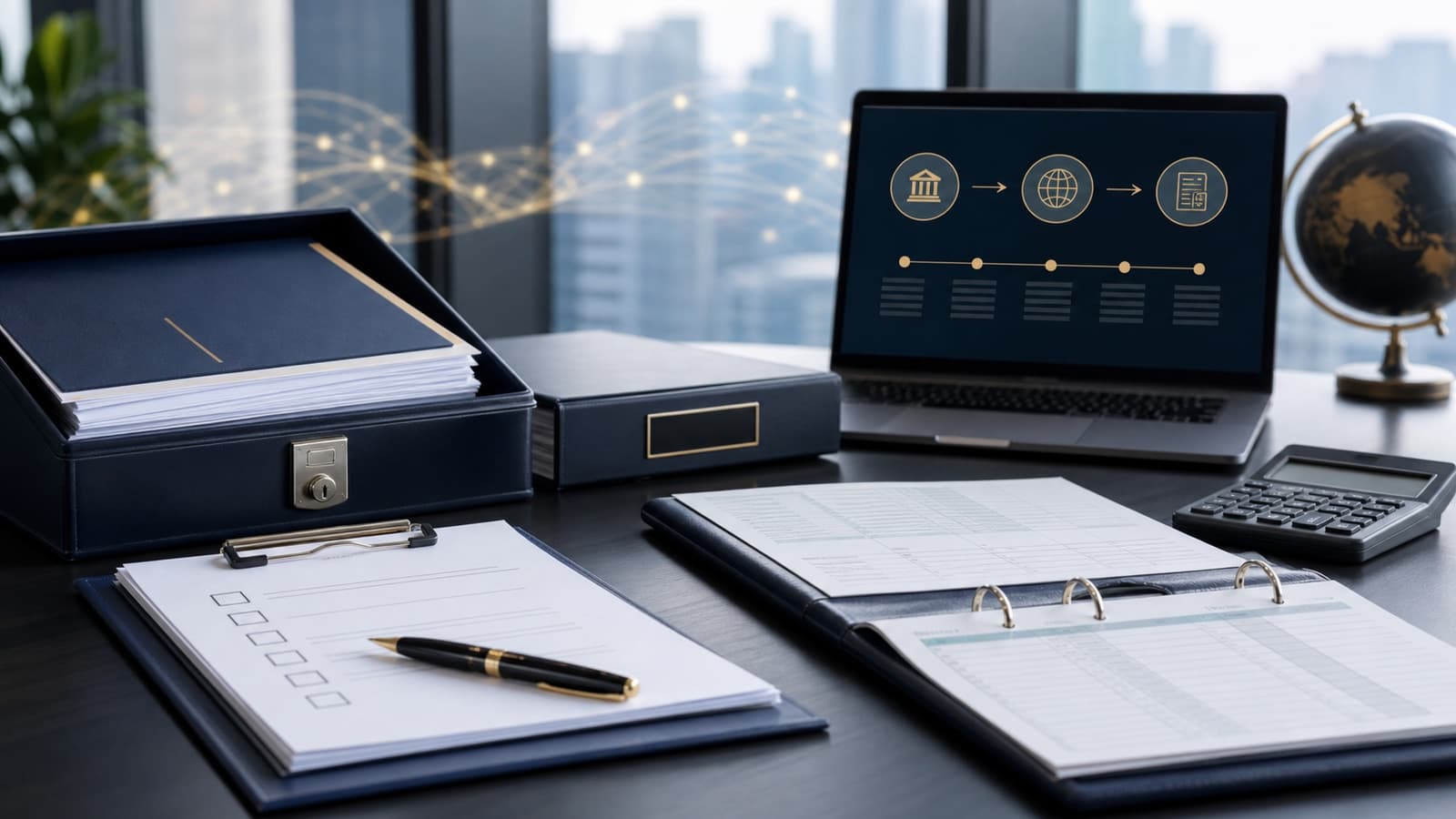 China registered-capital injection workflow with a bank document pack, approval checklist, transaction flow and accounting ledger